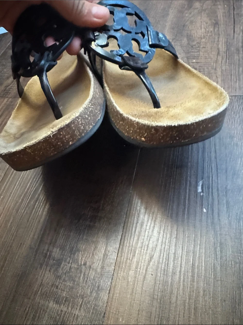 Tory Burch Miller Cloud sandals feature a black patent leather